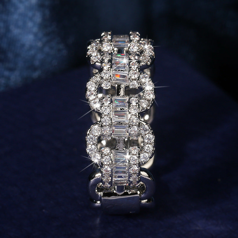 Fashion Luxury Large Row Of Zirconium Diamond Copper Ring Women